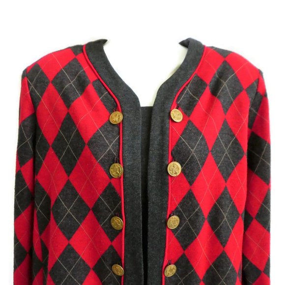 Vintage Stuart Alan USA Cardigan Diamond Plaid Argyle Red Gray Preppy XL - Picture 3 of 10